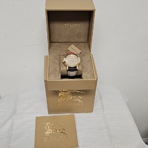 Burberry Gold Tone Watch with Beige and Black Strap